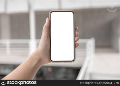 Women’s hands holding cell telephone blank copy space screen. smartphone  with blank white screen isolated. smart phone with technology concept
