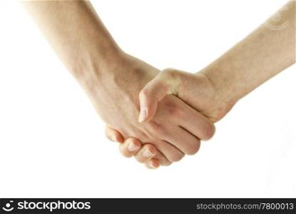 Women shaking hands isolated on white