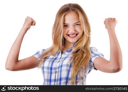 Women shows her success by raising hands on a white background
