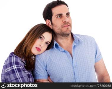 Women soothing herself on her boyfriend shoulders on a isolated white background