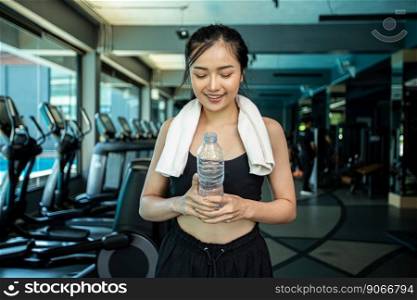 Women stand and relax after exercising, holding and looking at the water bottle.