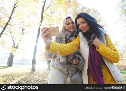 Women taking selfie in park. Beautiful young women taking a selfie with smartphone outdoors in park in autumn