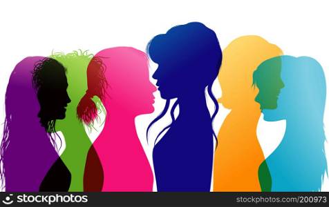 Women talking. Dialogue between women. Conversation between women. Colored silhouette profiles. Multiple exposure