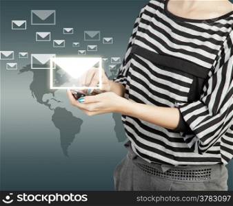 women touch smart phone in hand with email social network