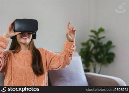 Women touching in air to enjoying experience with virtual reality goggles and watching video games.