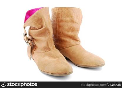 women trendy brown leather boots isolated on white background