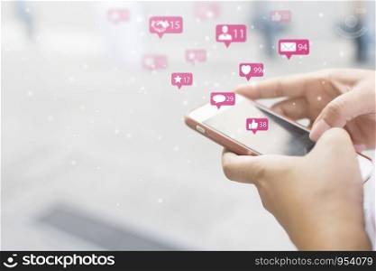 Women using the phone communication with social media networks with icons, user participation and digital marketing . Modern communication technology concepts