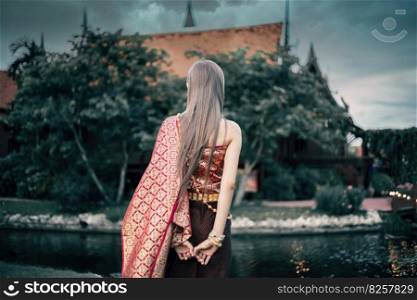Women wear traditional Thai dress cloth back view standing by river and vintage Thai style home.