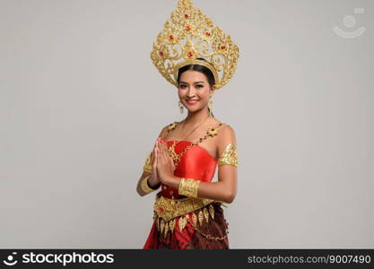 Women wearing Thai clothing that Pay respect,sawasdee symbol