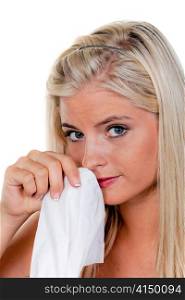 women with allergies, hay fever and handkerchief