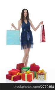 women with shopping bags. Isolated on white background