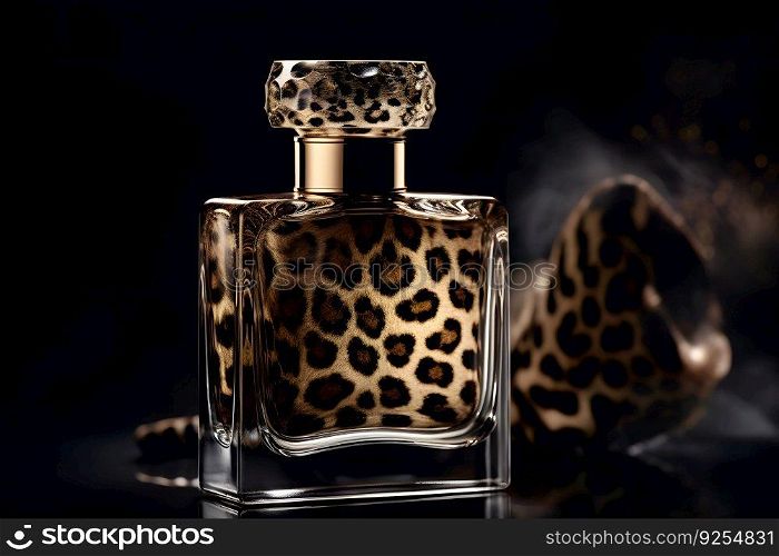 Womens Perfume in a glass bottle on a dark background in leopard wild design. Neural network AI generated art. Womens Perfume in a glass bottle on a dark background in leopard wild design. Neural network AI generated