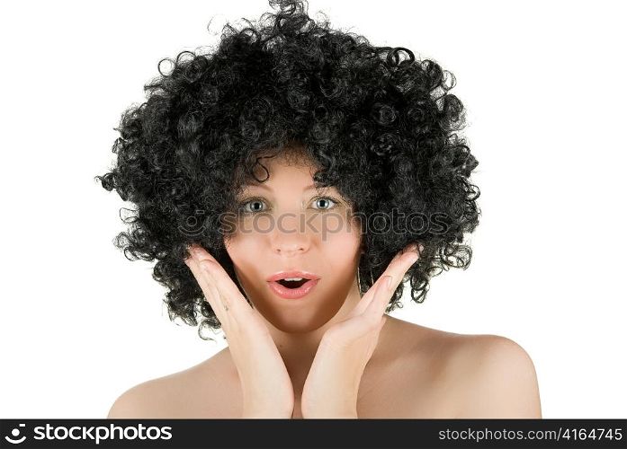 wonder young frizzy woman isolated over white background