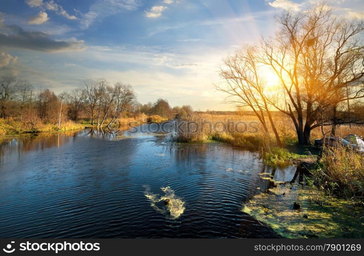 Wonderful autumn on a river at sunrise