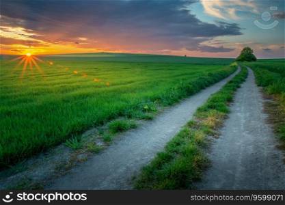 Wonderful evening rural landscape, fields and road after sunset, Staw, Poland