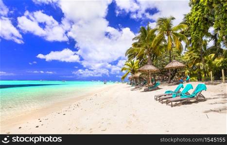 Wonderful idyllic nature scenery - tropical beach of Mauritius island, Le Morne. Tropical holidays and best beaches of Mauritius