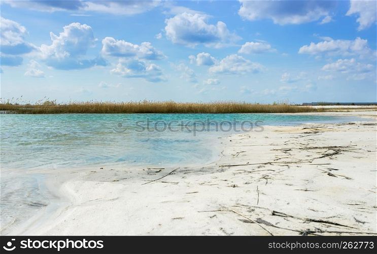 Wonderful landscape - reed island in the turquoise lake among the white sand under a blue sky with cumulus clouds. Quarry for the development of quartz sand, Moscow region, Russia. Selective focus.