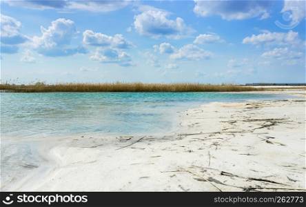 Wonderful landscape - reed island in the turquoise lake among the white sand under a blue sky with cumulus clouds. Quarry for the development of quartz sand, Moscow region, Russia. Selective focus.