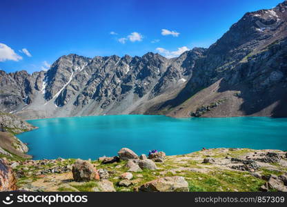 Wonderful mountain landscape (lake, highland, peak, beauty world) Picturesque view near Alakul lake in Terskey Alatoo mountains, Tian-Shan, Karakol, Kyrgyzstan