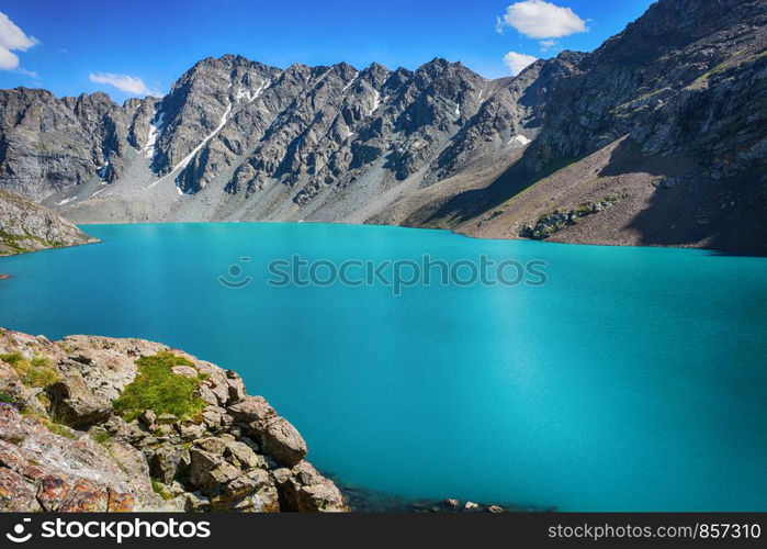 Wonderful mountain landscape (lake, highland, peak, beauty world) Picturesque view near Alakul lake in Terskey Alatoo mountains, Tian-Shan, Karakol, Kyrgyzstan