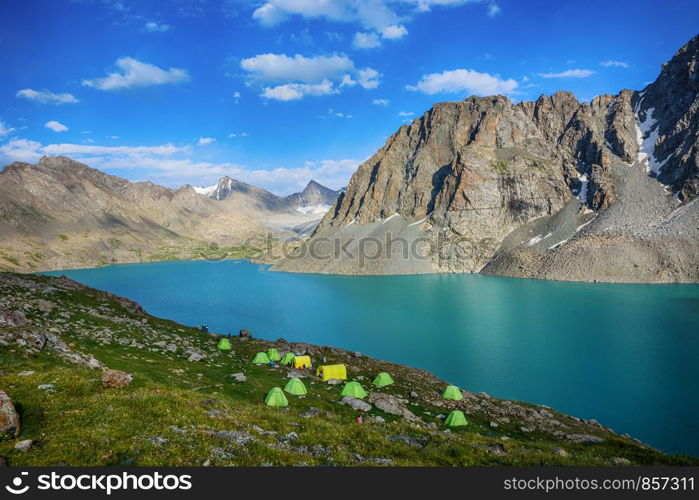 Wonderful mountain landscape (lake, highland, peak, beauty world) Picturesque view near Alakul lake in Terskey Alatoo mountains, Tian-Shan, Karakol, Kyrgyzstan