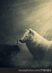 Wonderful painting with a man on a hill caressing his friend a giant, white wolf. Mysterious person taming a fantastic wild creature. Surreal scene, adventure concept