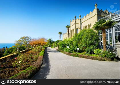 Wonderful park near ancient palace in autumn