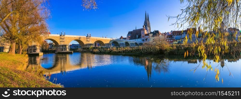 Wonderful Regensburg town - medieval city of Bavaria over Danube river. Landmarks of Germany. Germany travel - Bavaria, Regensburg town