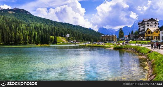 Wonderful scenery of mountain lake Lago di Misurina in Dolomites Alps, Belluno province. 27.08.2019