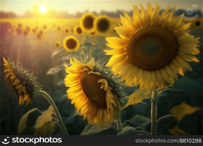 Wonderful sunset over sunflowers field
