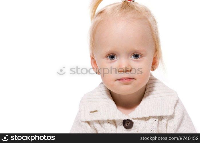 Wondering Little Girl closeup portrait isolated on white