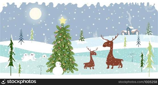Wonderland winter landscape with mountains,snow falling, Christmas tree, snow man, polar bear family, mommy and son reindeers,Vector Merry Christmas and new year background