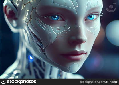 Wondrous hyper realistic closeup portrait artificial intelligent humanoid robot still in skeleton stage assemble in android factory. Advanced bionic and robotic engineering technology by generative AI. Wondrous portrait of artificial intelligent humanoid robot in skeleton stage.