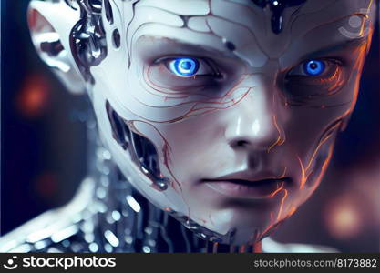 Wondrous hyper realistic closeup portrait artificial intelligent humanoid robot still in skeleton stage assemble in android factory. Advanced bionic and robotic engineering technology by generative AI. Wondrous portrait of artificial intelligent humanoid robot in skeleton stage.