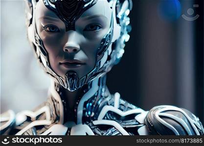 Wondrous hyper realistic closeup portrait artificial intelligent humanoid robot still in skeleton stage assemble in android factory. Advanced bionic and robotic engineering technology by generative AI. Wondrous portrait of artificial intelligent humanoid robot in skeleton stage.