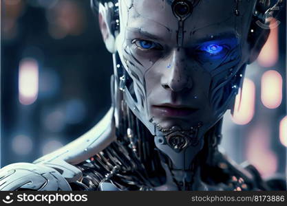 Wondrous hyper realistic closeup portrait artificial intelligent humanoid robot still in skeleton stage assemble in android factory. Advanced bionic and robotic engineering technology by generative AI. Wondrous portrait of artificial intelligent humanoid robot in skeleton stage.