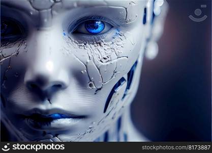 Wondrous hyper realistic closeup portrait artificial intelligent humanoid robot still in skeleton stage assemble in android factory. Advanced bionic and robotic engineering technology by generative AI. Wondrous portrait of artificial intelligent humanoid robot in skeleton stage.