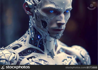 Wondrous hyper realistic closeup portrait artificial intelligent humanoid robot still in skeleton stage assemble in android factory. Advanced bionic and robotic engineering technology by generative AI. Wondrous portrait of artificial intelligent humanoid robot in skeleton stage.