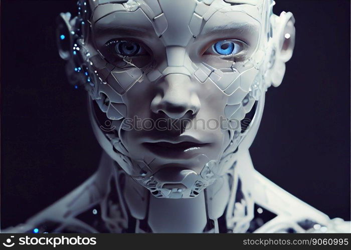 Wondrous hyper realistic closeup portrait artificial intelligent humanoid robot still in skeleton stage assemble in android factory. Advanced bionic and robotic engineering technology by generative AI. Wondrous portrait of artificial intelligent humanoid robot in skeleton stage.