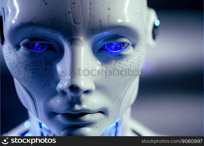 Wondrous hyper realistic closeup portrait artificial intelligent humanoid robot still in skeleton stage assemble in android factory. Advanced bionic and robotic engineering technology by generative AI. Wondrous portrait of artificial intelligent humanoid robot in skeleton stage.