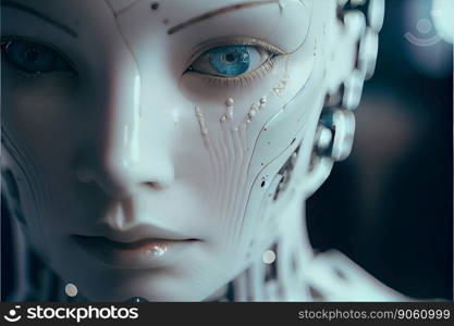 Wondrous hyper realistic closeup portrait artificial intelligent humanoid robot still in skeleton stage assemble in android factory. Advanced bionic and robotic engineering technology by generative AI. Wondrous portrait of artificial intelligent humanoid robot in skeleton stage.