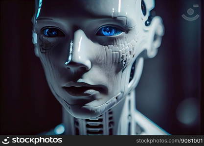 Wondrous hyper realistic closeup portrait artificial intelligent humanoid robot still in skeleton stage assemble in android factory. Advanced bionic and robotic engineering technology by generative AI. Wondrous portrait of artificial intelligent humanoid robot in skeleton stage.