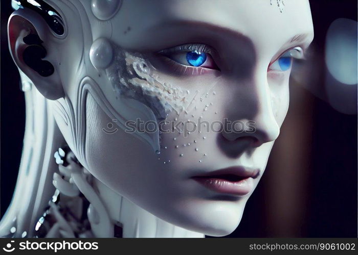 Wondrous hyper realistic closeup portrait artificial intelligent humanoid robot still in skeleton stage assemble in android factory. Advanced bionic and robotic engineering technology by generative AI. Wondrous portrait of artificial intelligent humanoid robot in skeleton stage.