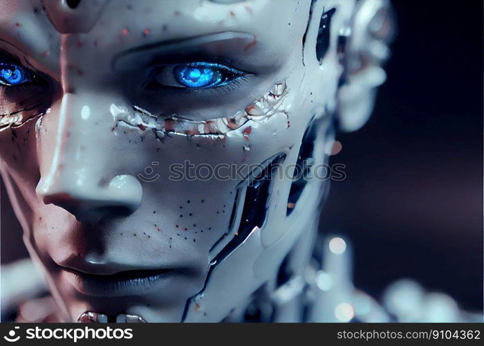 Wondrous hyper realistic closeup portrait artificial intelligent humanoid robot still in skeleton stage assemble in android factory. Advanced bionic and robotic engineering technology by generative AI. Wondrous portrait of artificial intelligent humanoid robot in skeleton stage.