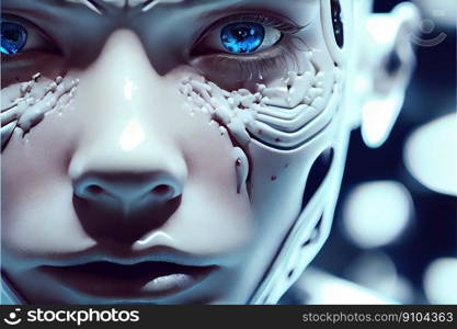 Wondrous hyper realistic closeup portrait artificial intelligent humanoid robot still in skeleton stage assemble in android factory. Advanced bionic and robotic engineering technology by generative AI. Wondrous portrait of artificial intelligent humanoid robot in skeleton stage.