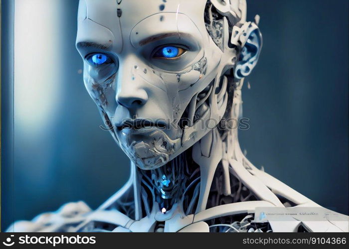 Wondrous hyper realistic closeup portrait artificial intelligent humanoid robot still in skeleton stage assemble in android factory. Advanced bionic and robotic engineering technology by generative AI. Wondrous portrait of artificial intelligent humanoid robot in skeleton stage.