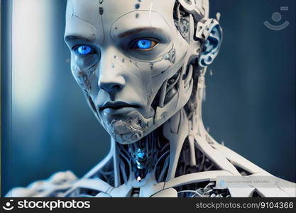 Wondrous hyper realistic closeup portrait artificial intelligent humanoid robot still in skeleton stage assemble in android factory. Advanced bionic and robotic engineering technology by generative AI. Wondrous portrait of artificial intelligent humanoid robot in skeleton stage.