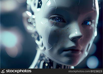 Wondrous hyper realistic closeup portrait artificial intelligent humanoid robot still in skeleton stage assemble in android factory. Advanced bionic and robotic engineering technology by generative AI. Wondrous portrait of artificial intelligent humanoid robot in skeleton stage.