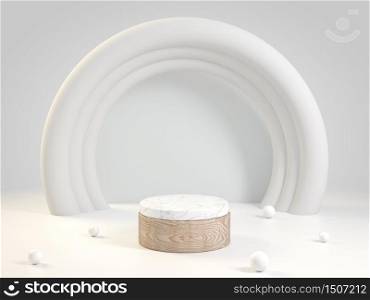 Wood and Marble stage with white loop background, 3d illustration.