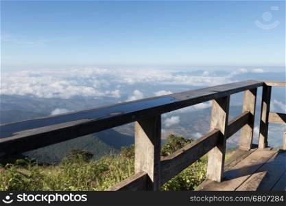 wood balcony terrace with mountain view in morning